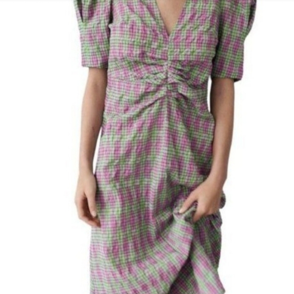 Zara Green Purple Plaid Print PuffBalloon Sleeve Ruched V-Neck MidiDress - Picture 5 of 5